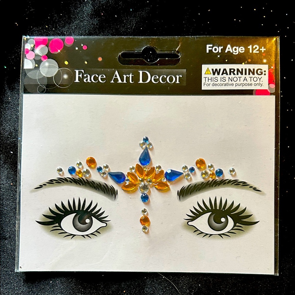 Face Art Decor with Blue and Orange Gems